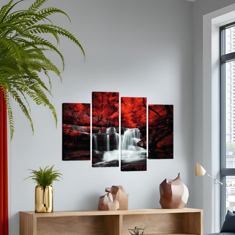LevvArts Black White and Red Wall Art 4 Pieces Red Tree Forest Waterfall Picture Canvas Print Autumn Landscape Paintings Framed for Office Home Living Room Decor Ready to Hang - Image 3